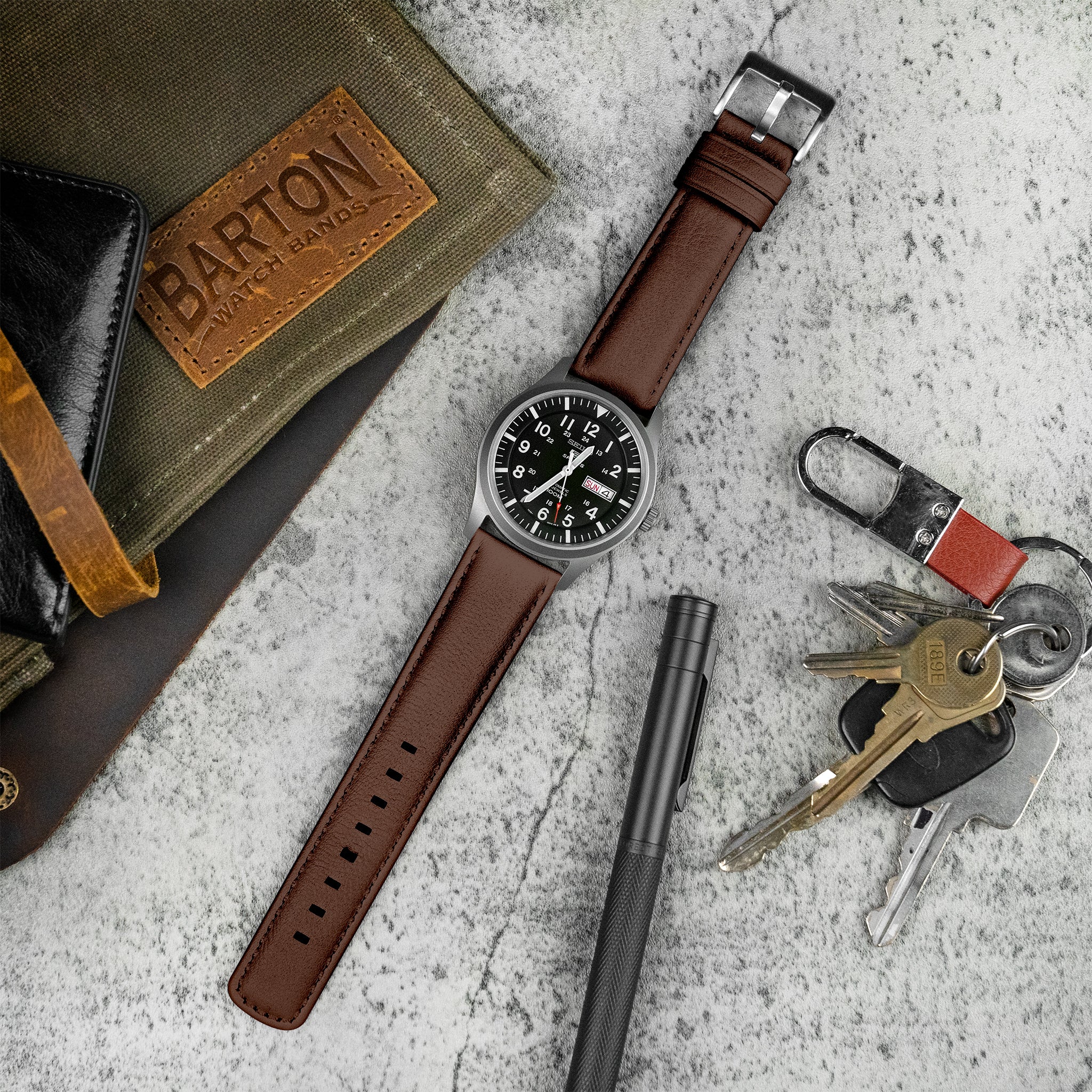 Light Brown Water Resistant Leather Brown Stitching Watch Band - Image 2