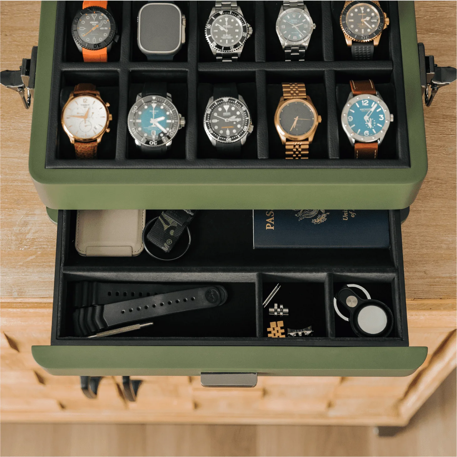 10-Slot Green Watch Box with Modular Storage & Accessory Drawer - Image 11
