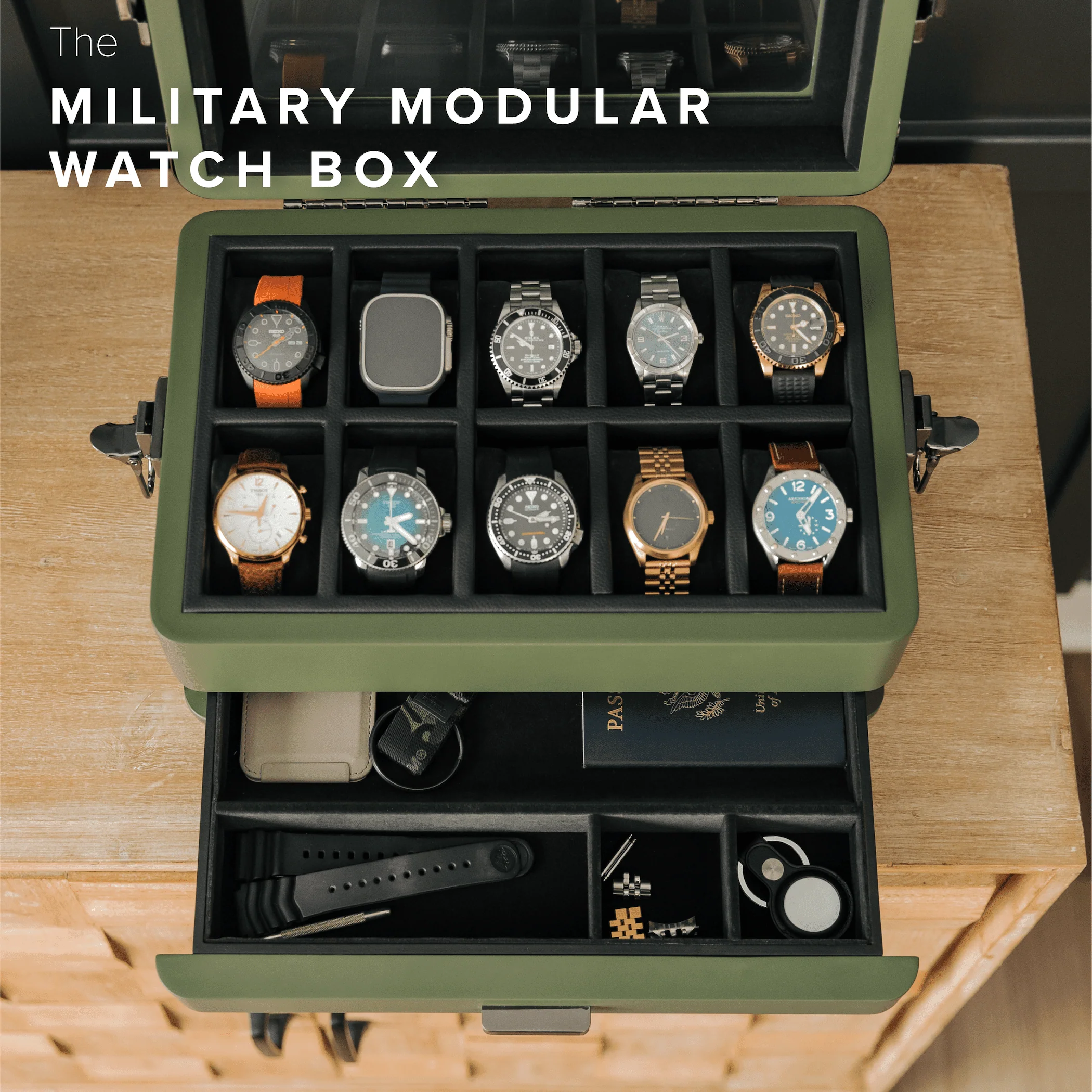 10-Slot Green Watch Box with Modular Storage & Accessory Drawer - Image 2