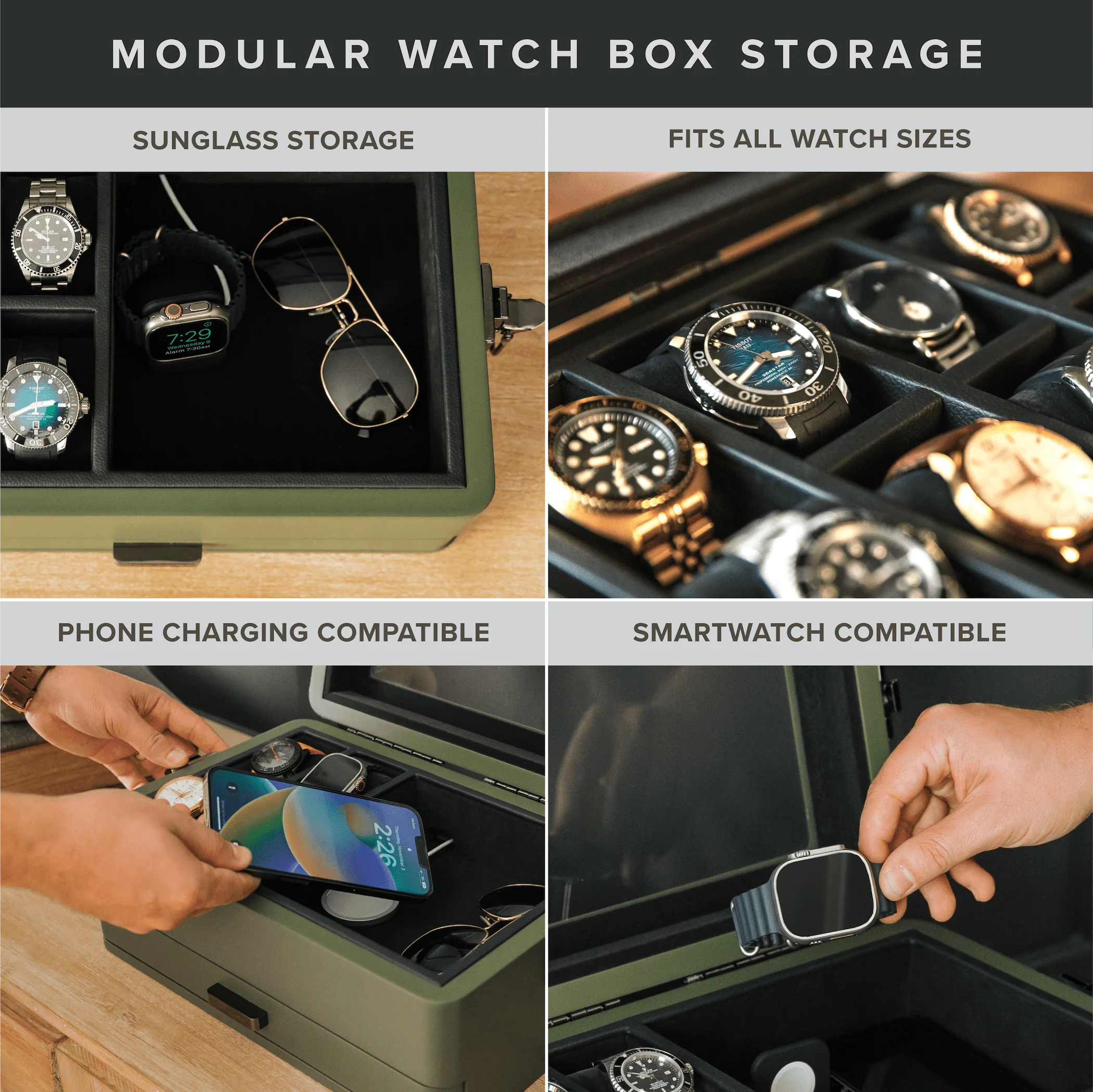 10-Slot Green Watch Box with Modular Storage & Accessory Drawer - Image 3