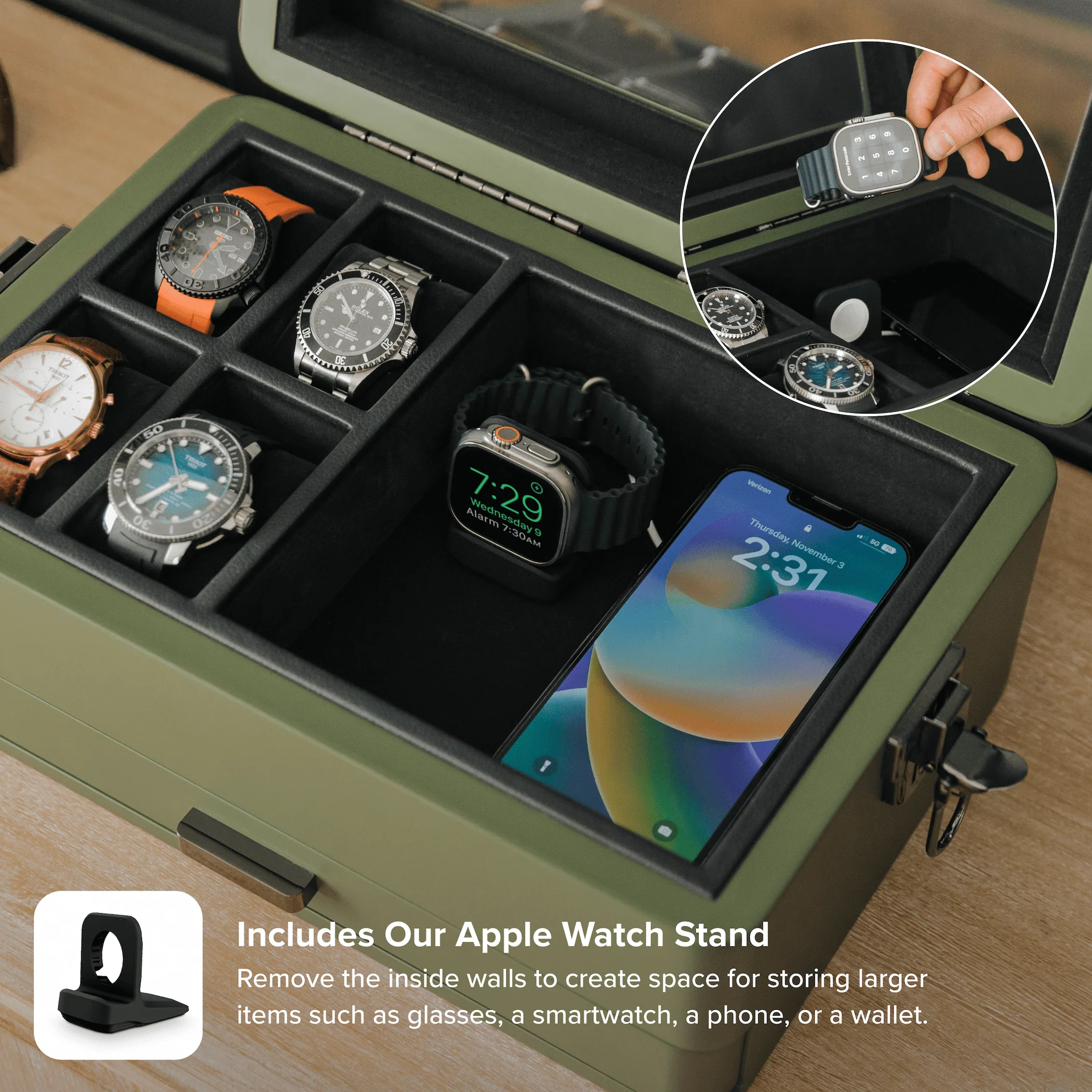 10-Slot Green Watch Box with Modular Storage & Accessory Drawer - Image 4