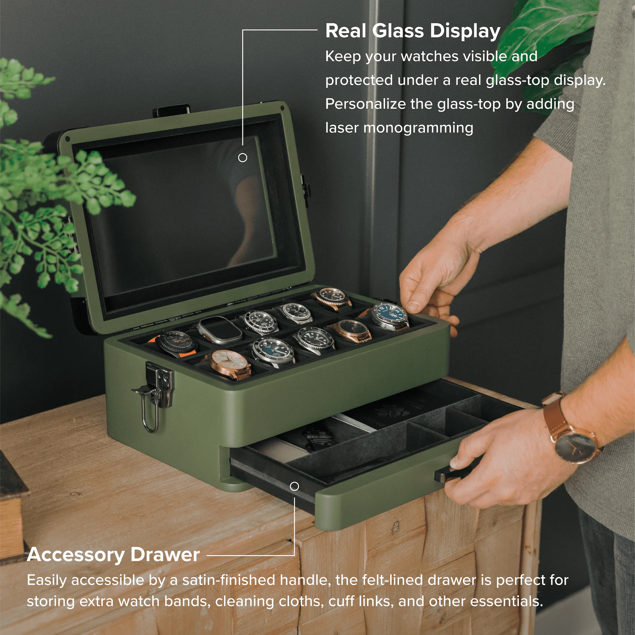 10-Slot Green Watch Box with Modular Storage & Accessory Drawer - Image 5