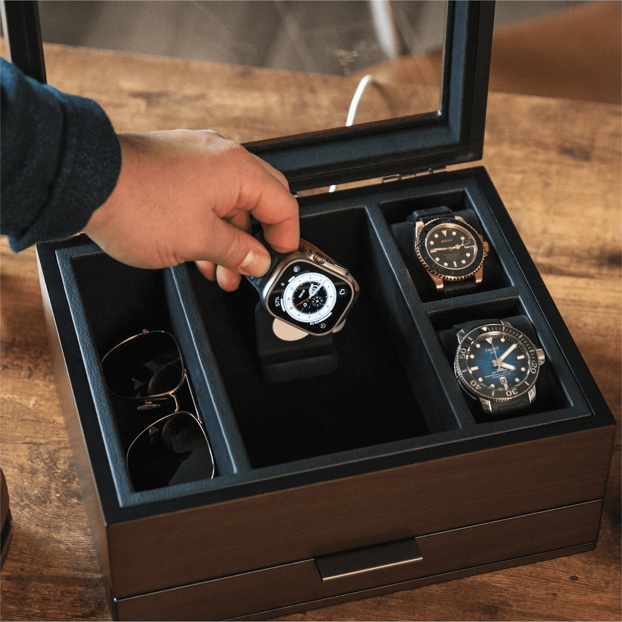 8-Slot Brown Watch Display Box with Velvet Lining and Glass Top - Image 10