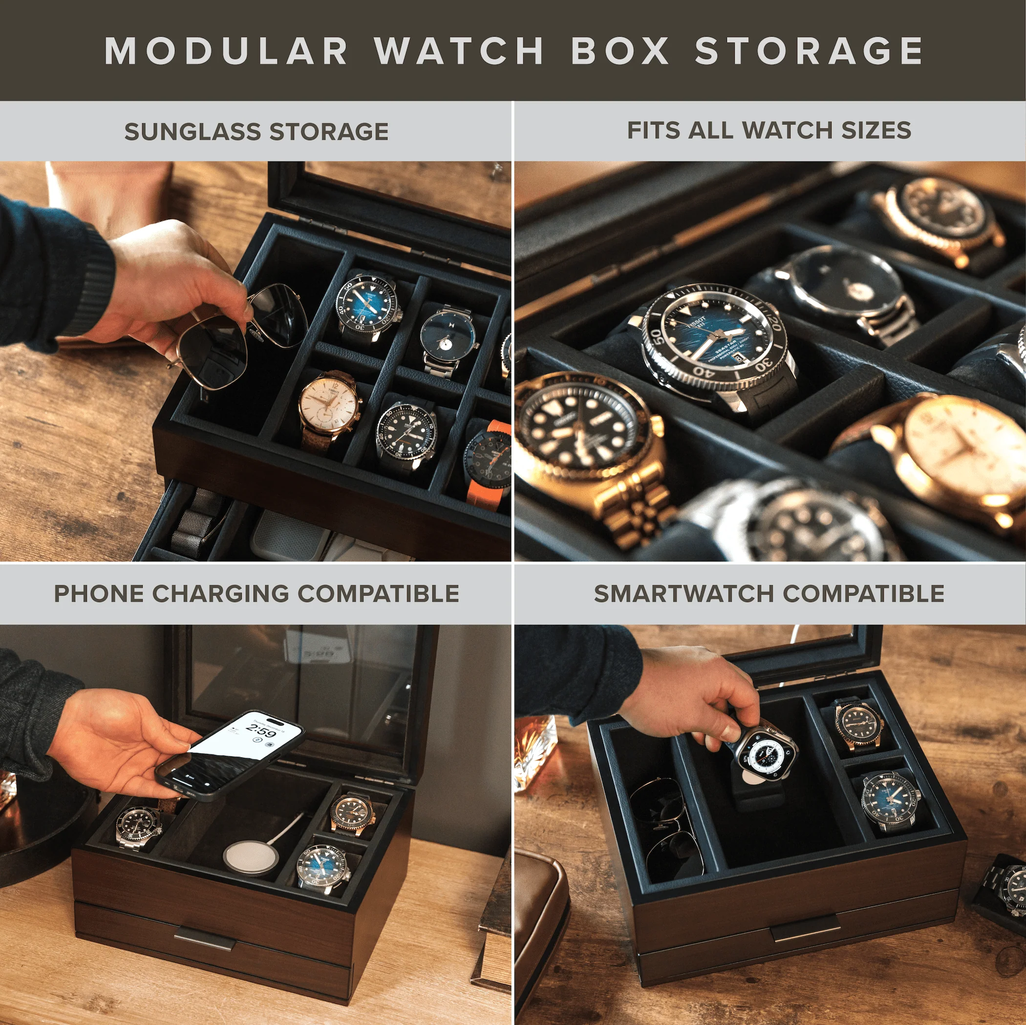 8-Slot Brown Watch Display Box with Velvet Lining and Glass Top - Image 3
