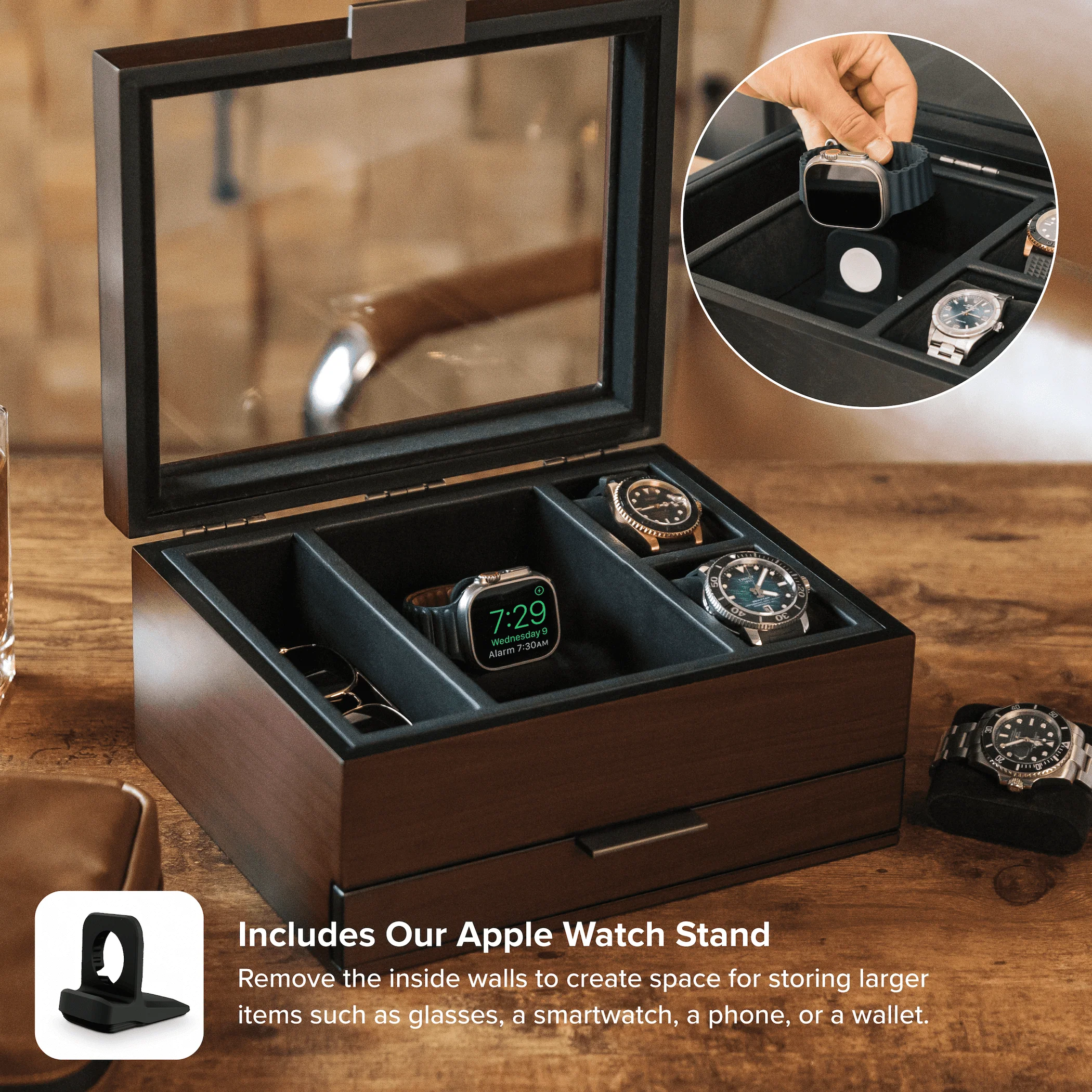 8-Slot Brown Watch Display Box with Velvet Lining and Glass Top - Image 4