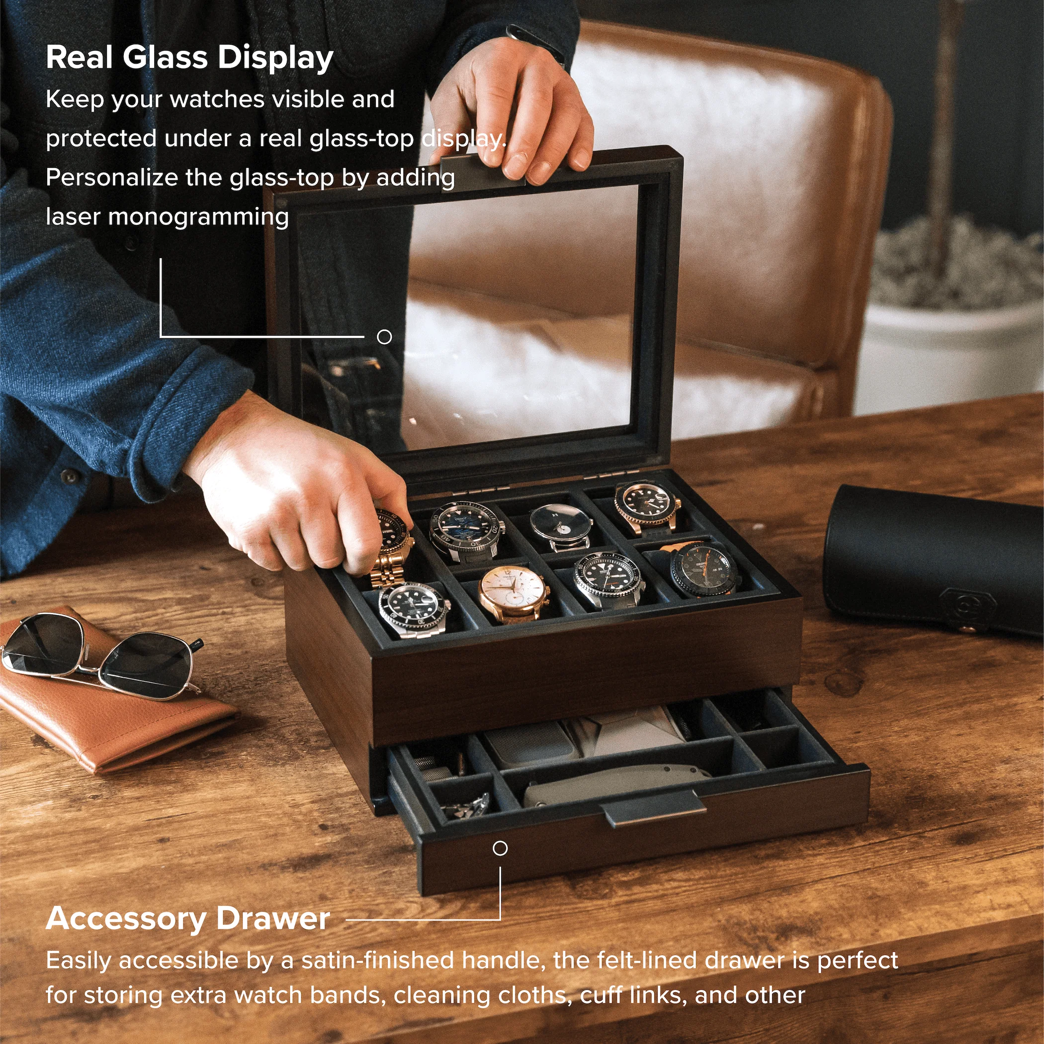 8-Slot Brown Watch Display Box with Velvet Lining and Glass Top - Image 5