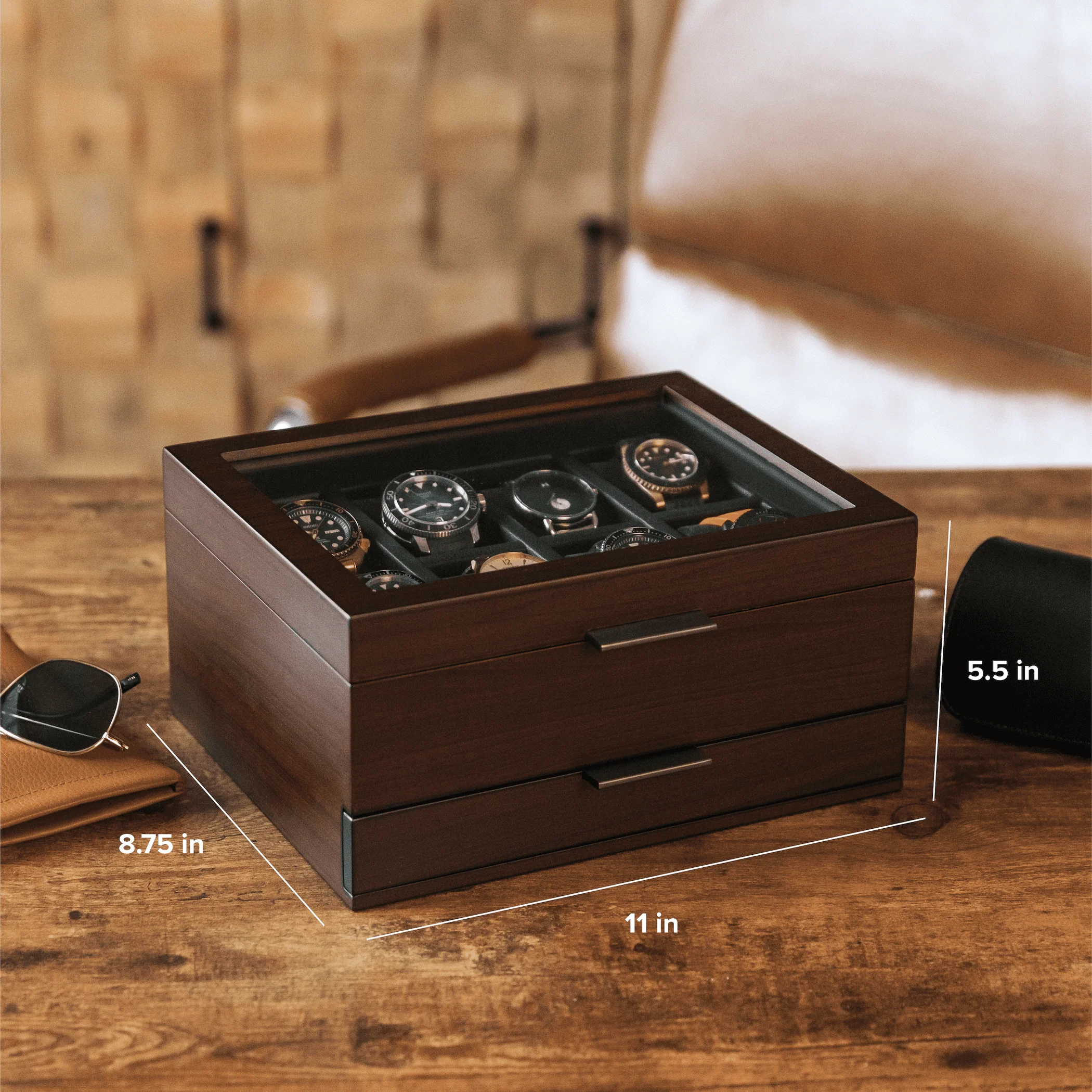 8-Slot Brown Watch Display Box with Velvet Lining and Glass Top - Image 6