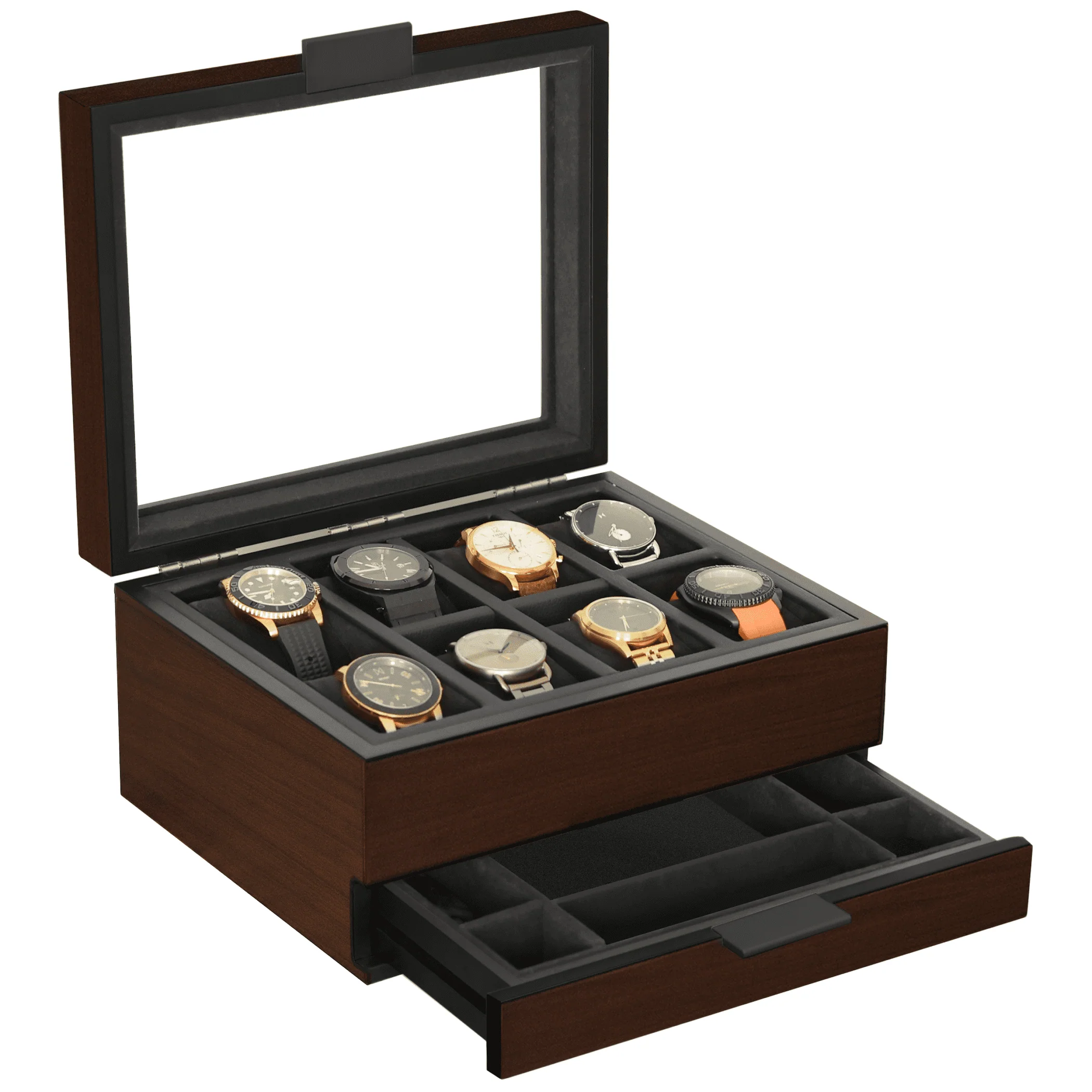 8-Slot Brown Watch Display Box with Velvet Lining and Glass Top - Image 9