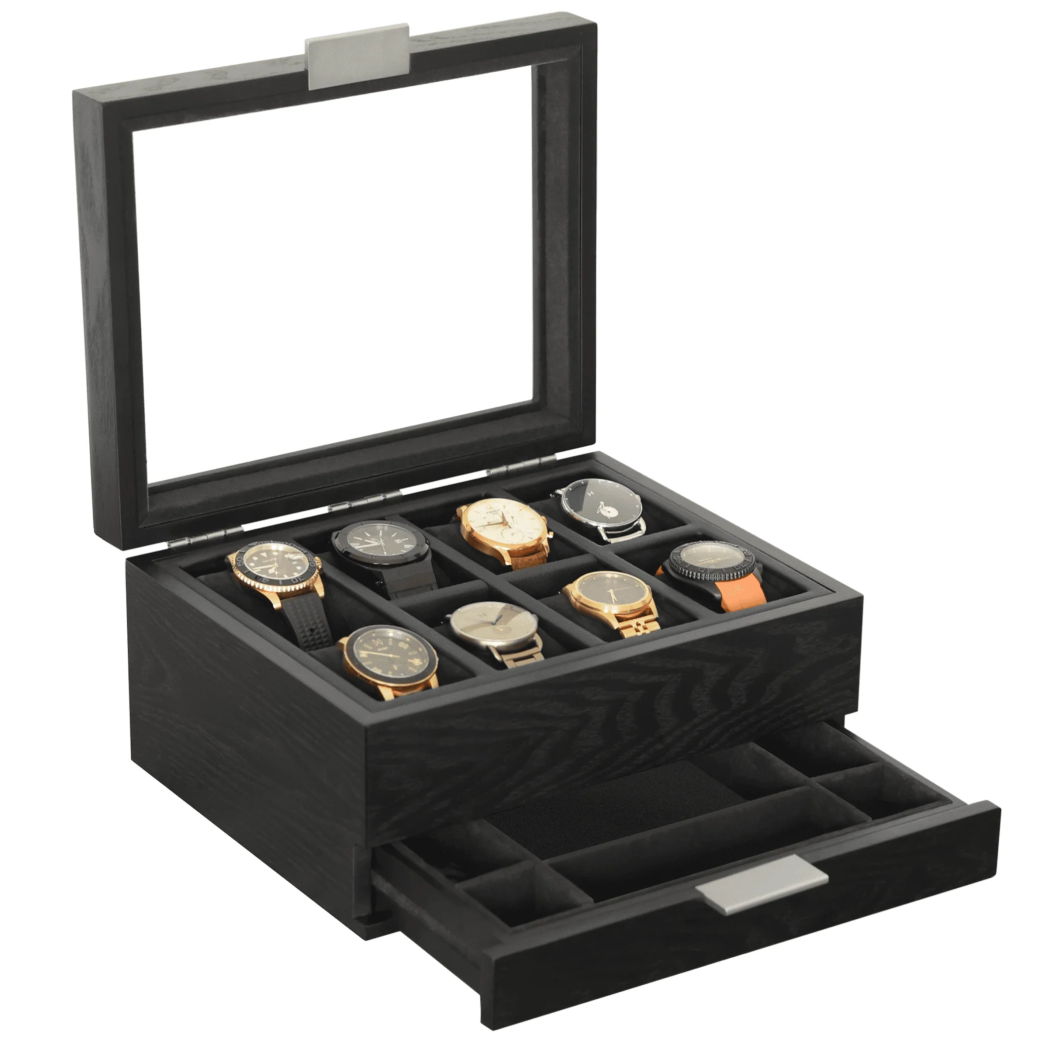 8-Slot Black Watch Storage Display Box with Velvet Lining and Glass Top - Image 10