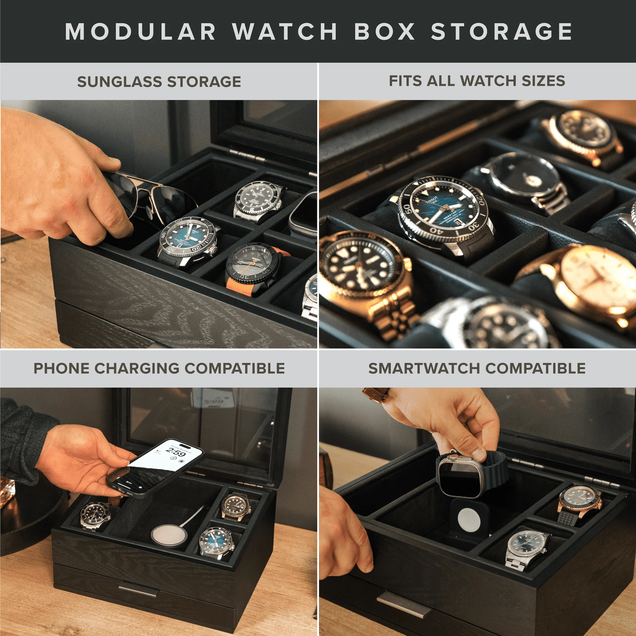 8-Slot Black Watch Storage Display Box with Velvet Lining and Glass Top - Image 3