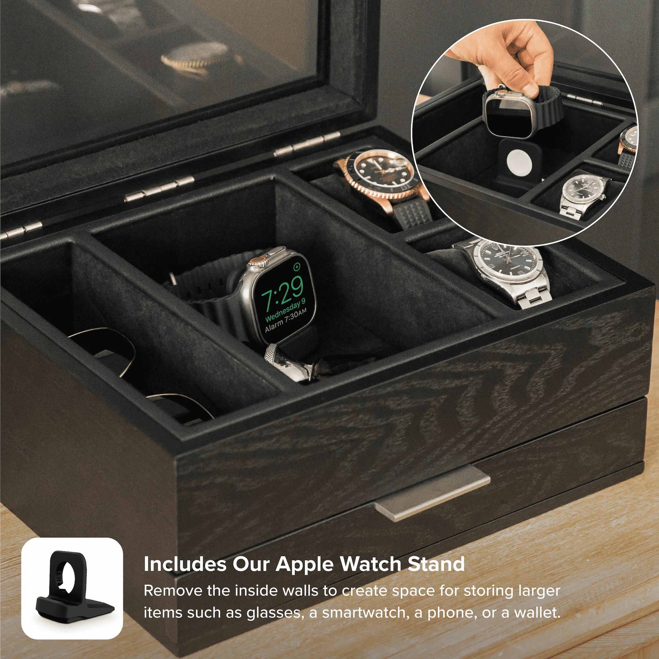 8-Slot Black Watch Storage Display Box with Velvet Lining and Glass Top - Image 4