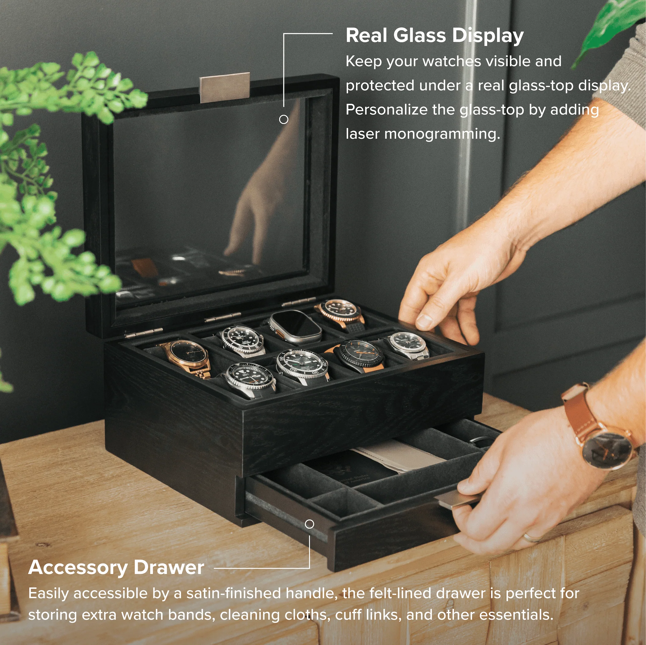 8-Slot Black Watch Storage Display Box with Velvet Lining and Glass Top - Image 5