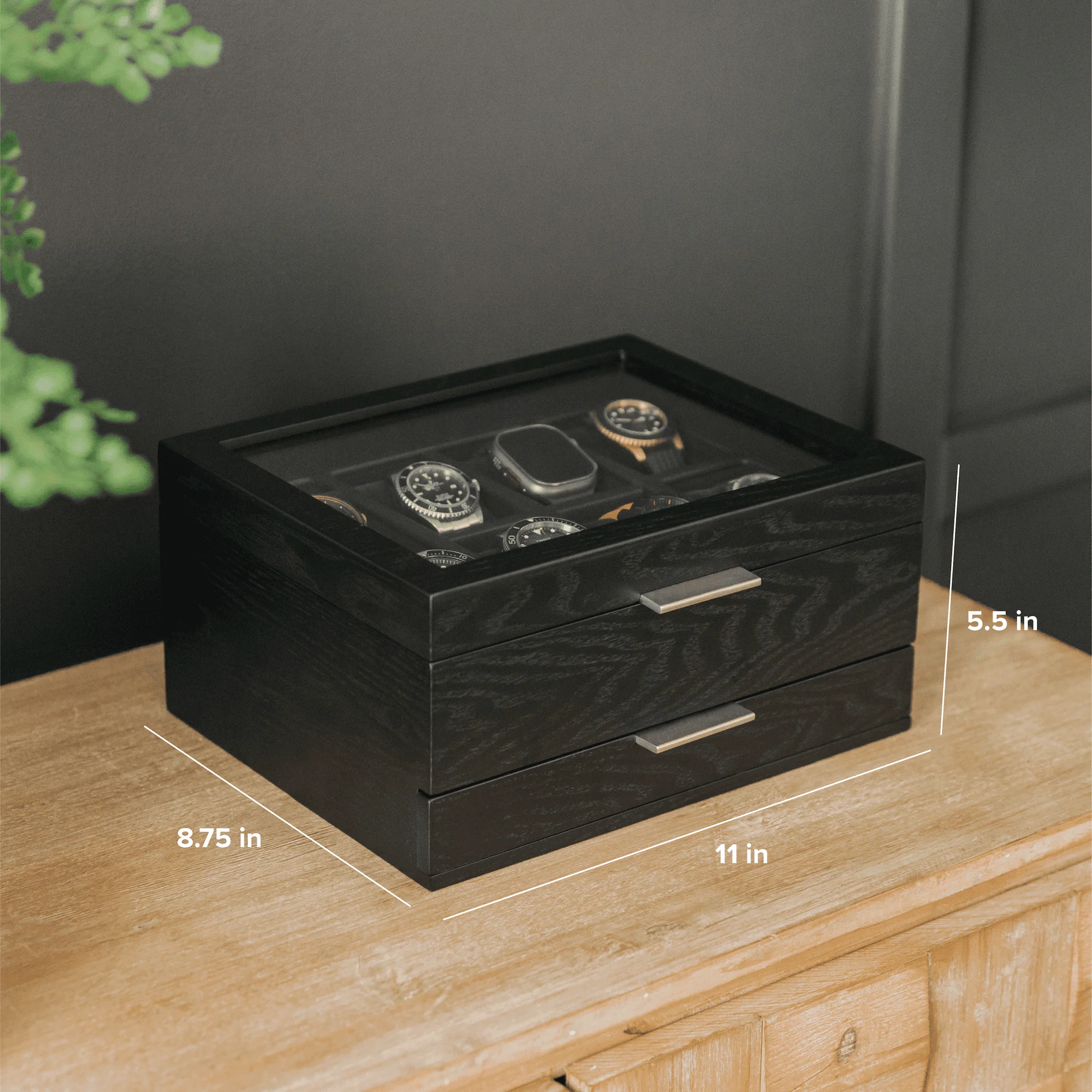 8-Slot Black Watch Storage Display Box with Velvet Lining and Glass Top - Image 6