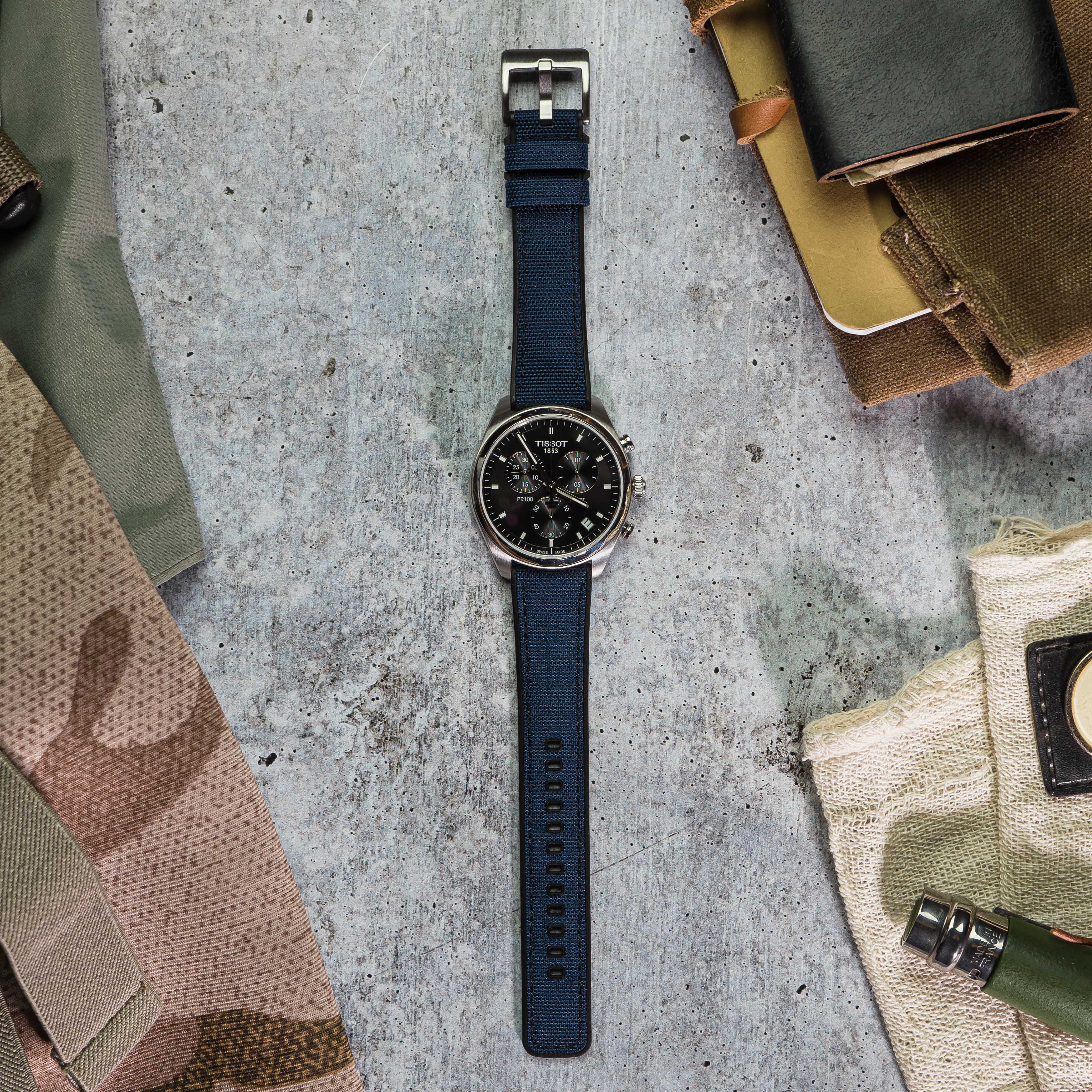 Navy Blue Cordura Fabric And Silicone Hybrid Watch Band - Image 3