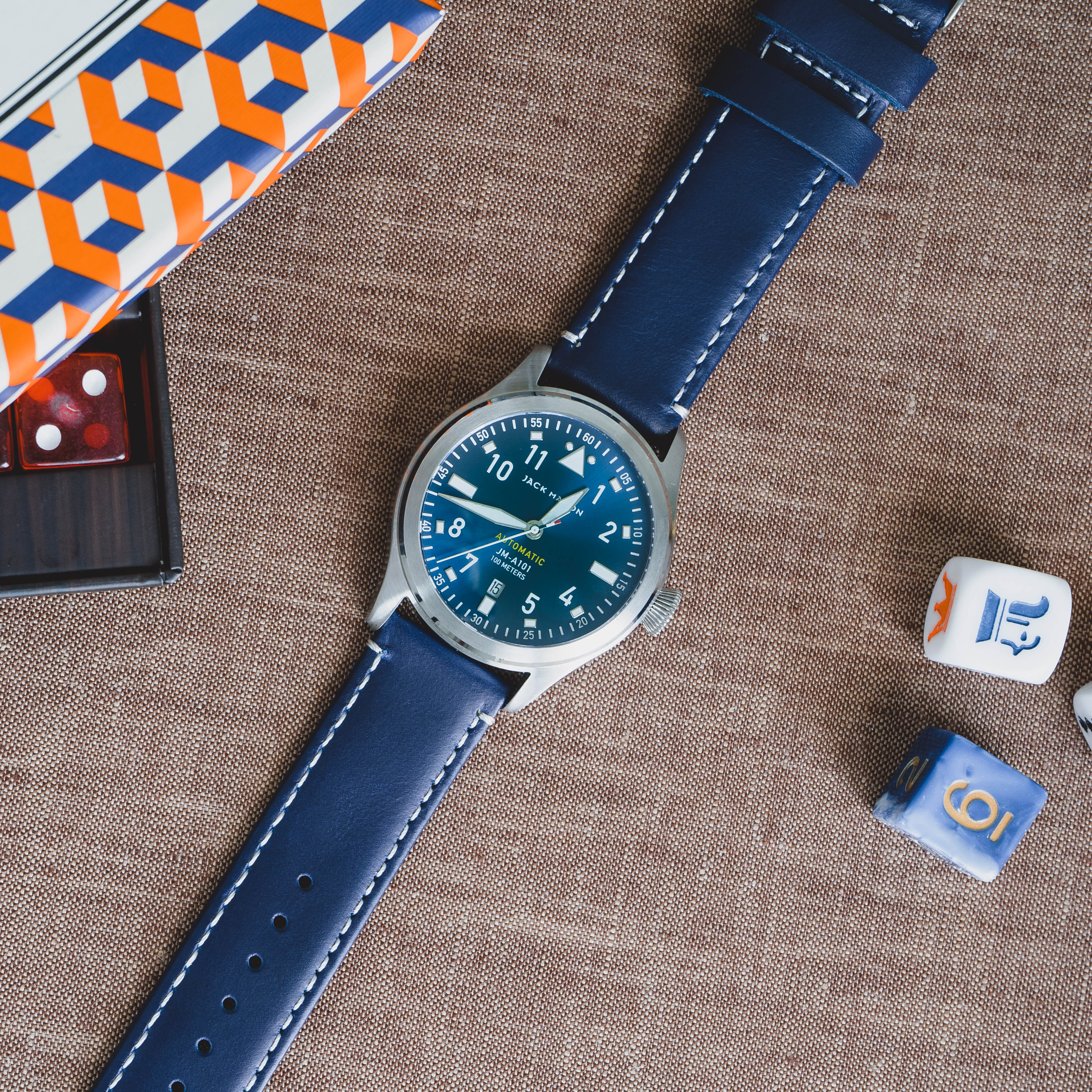 Navy Blue Leather Linen Stitching Watch Band - Image 5