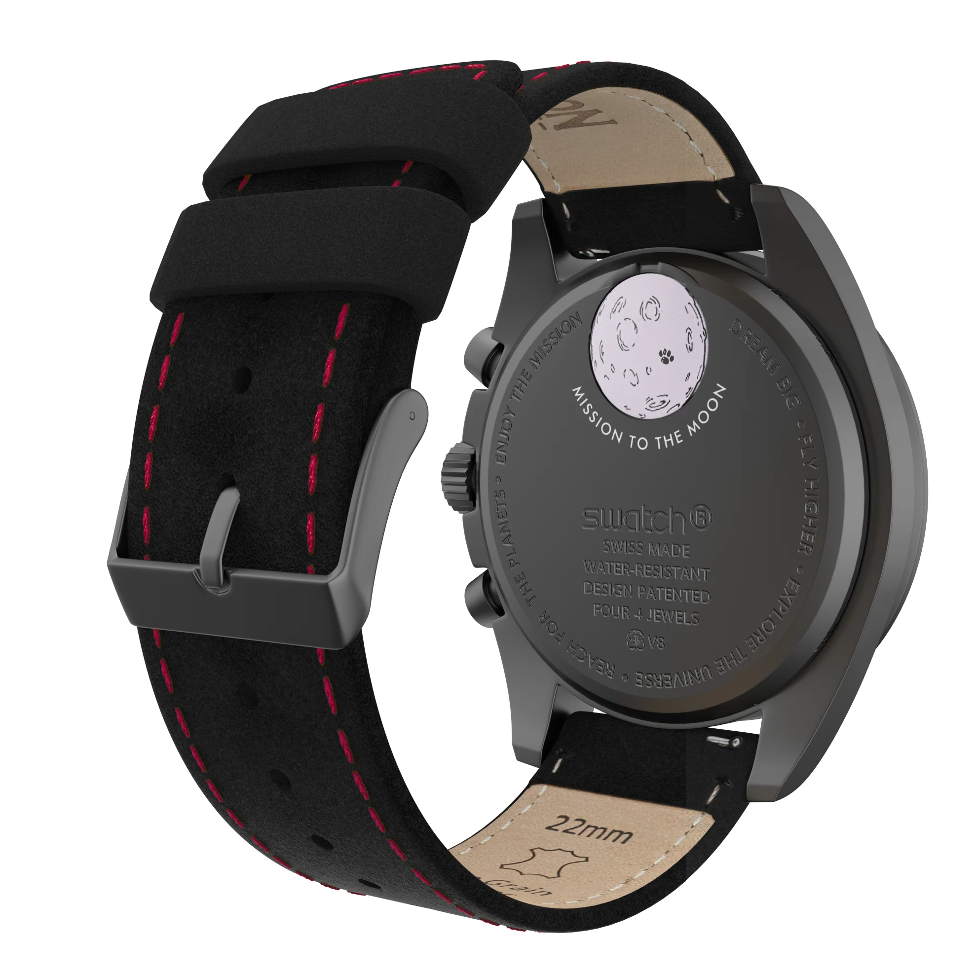 Omega Moonswatch Black Leather Crimson Red Stitching Watch Band - Image 2