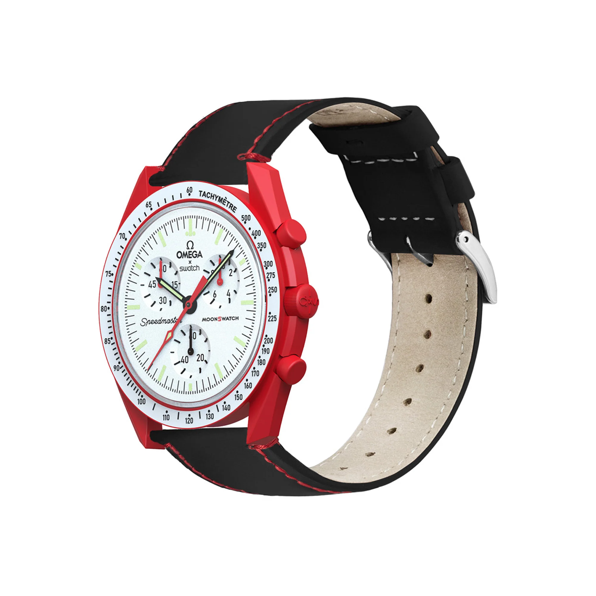 Omega Moonswatch Black Leather Crimson Red Stitching Watch Band - Image 3
