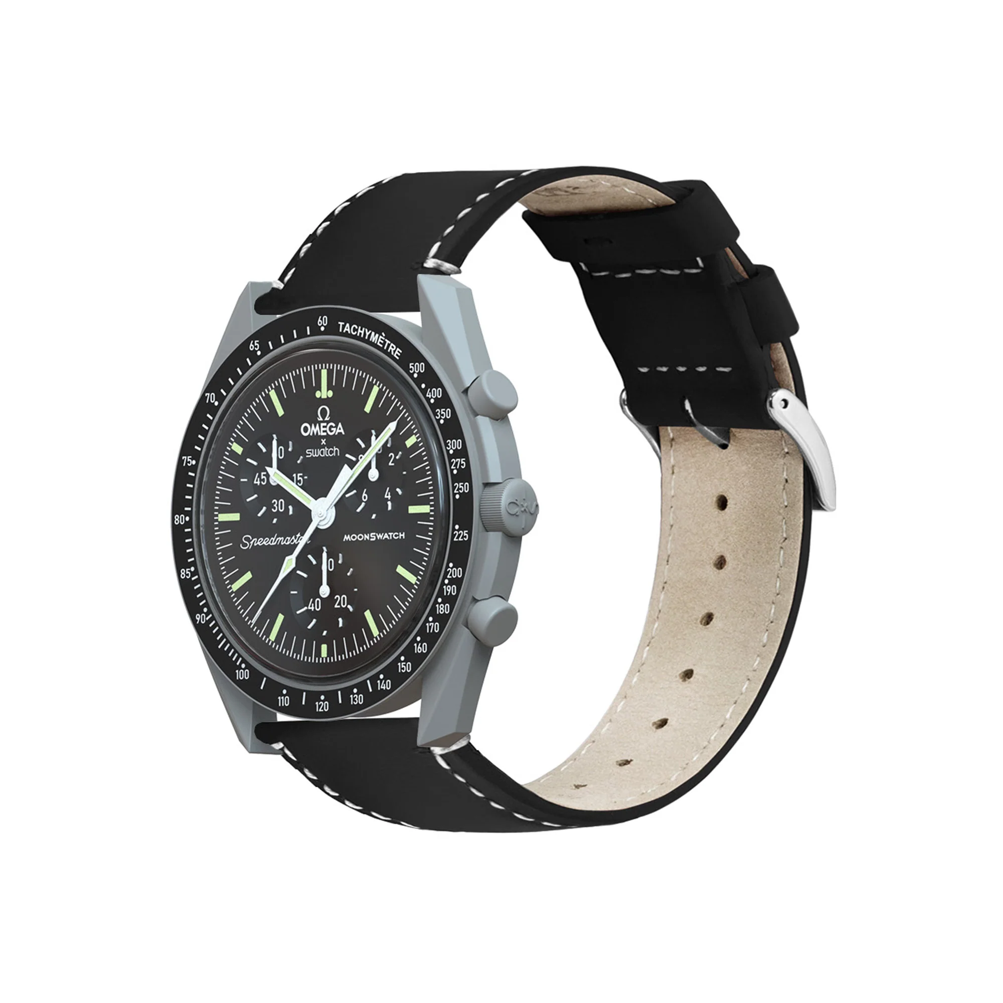 Omega Moonswatch Black Leather Linen White Stitching Watch Band - Image 3