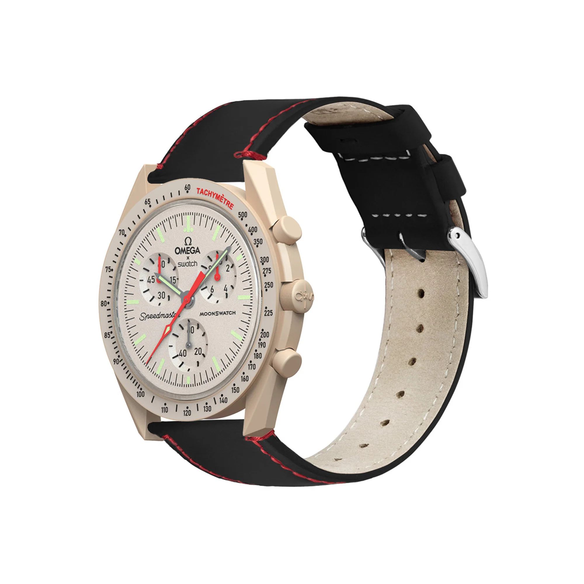 Omega Moonswatch Black Leather Orange Stitching Watch Band - Image 3