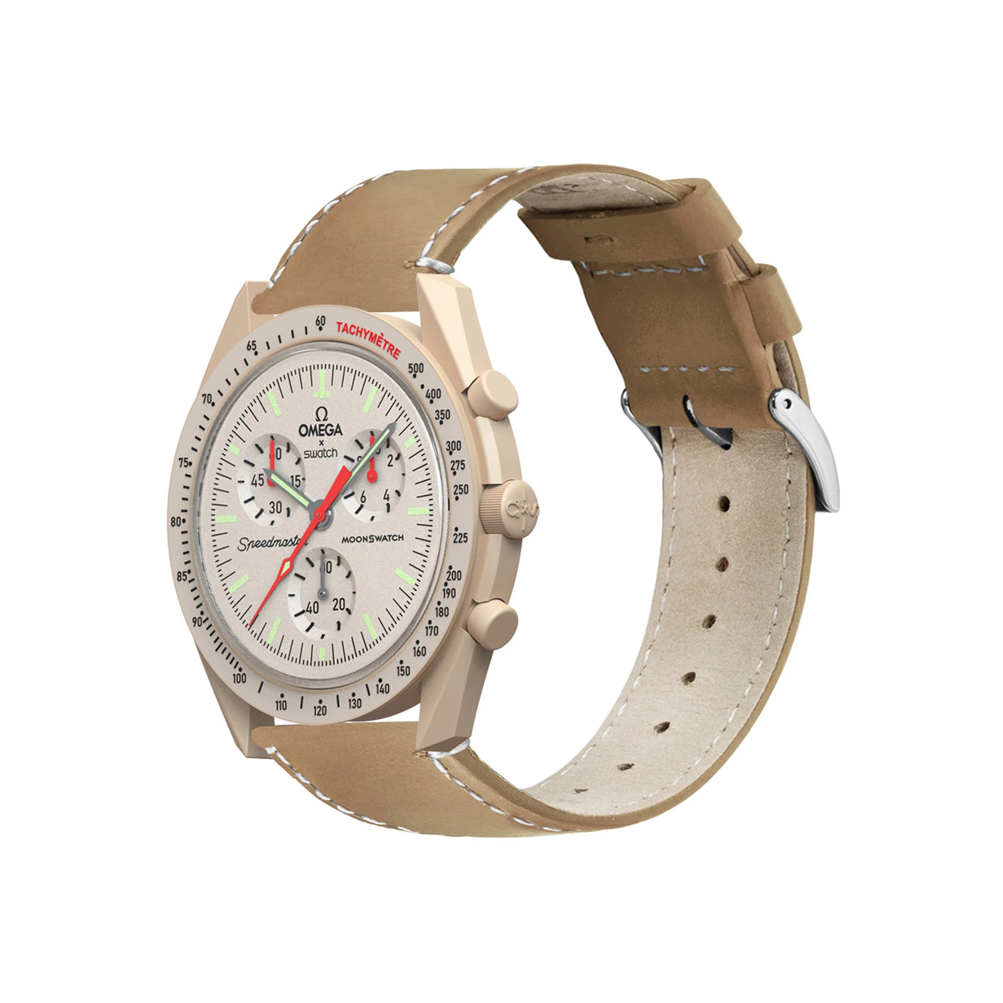 Omega Moonswatch Gingerbread Brown Leather Linen White Stitching Watch Band - Image 3