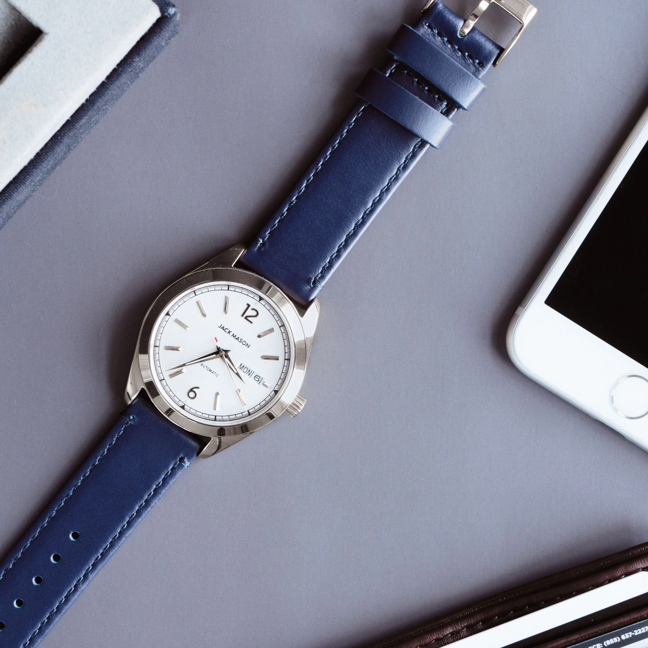 Omega Moonswatch Navy Blue Leather White Stitching Watch Band - Image 3