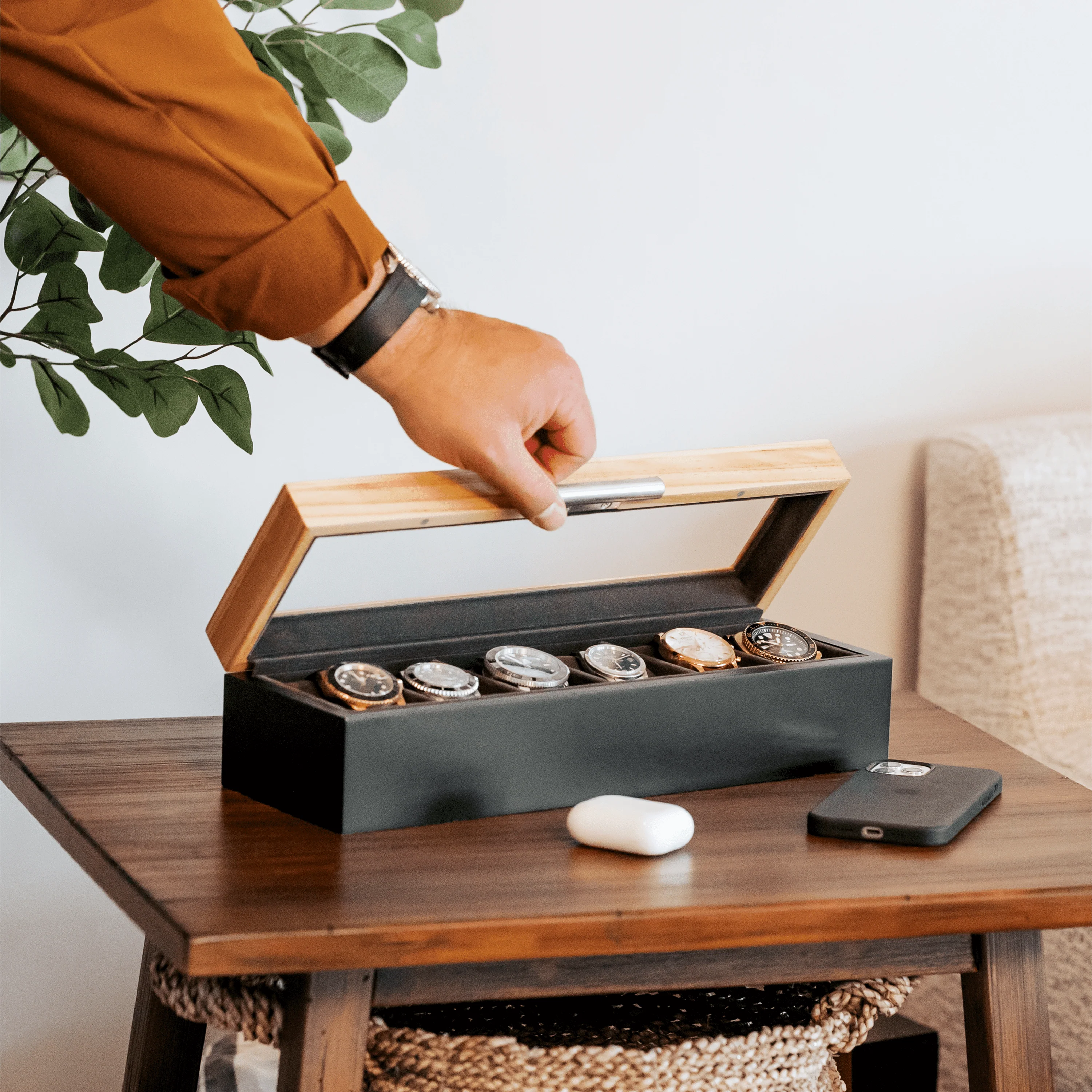 Pine Two-Toned Watch Box - 6 Slot - Image 3