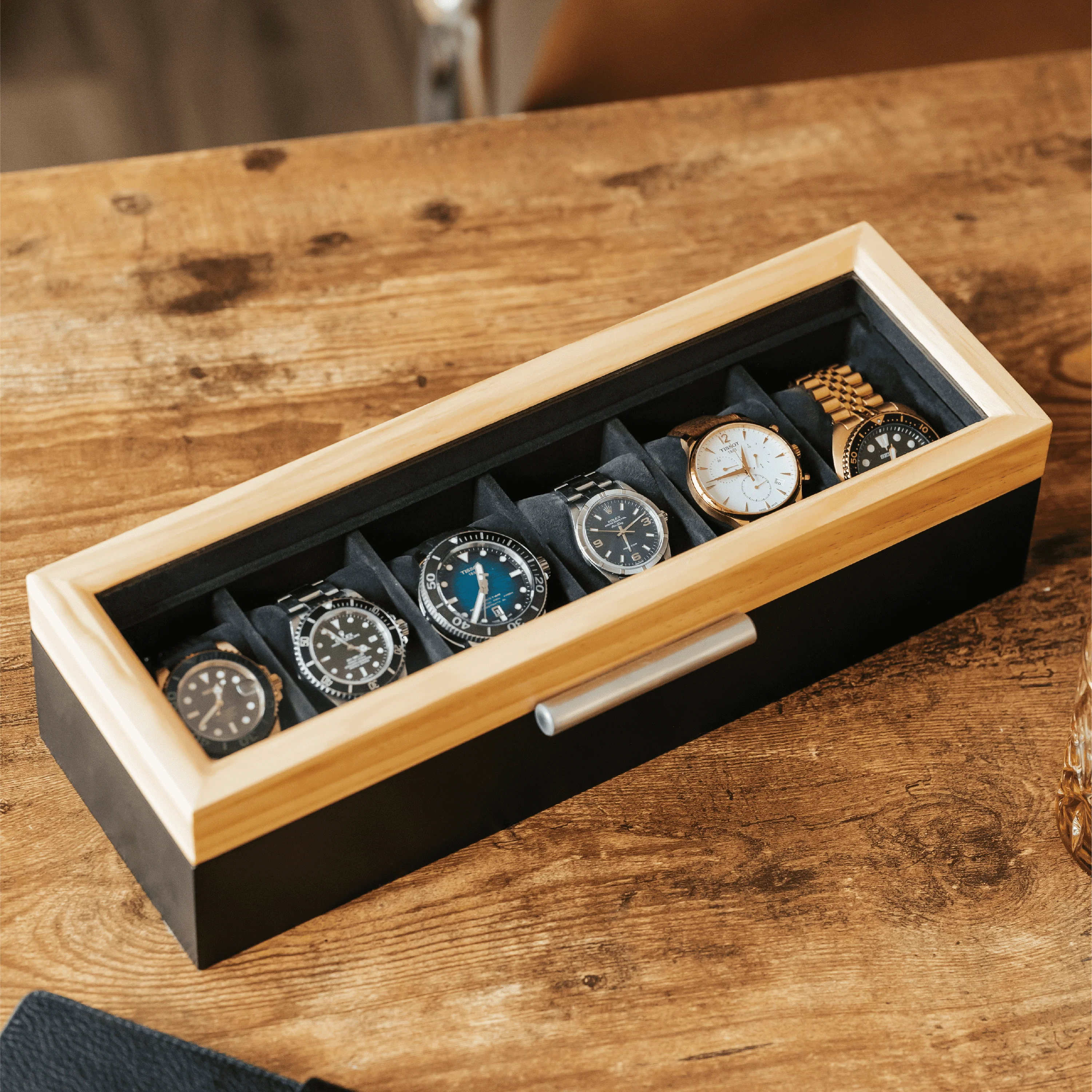 Pine Two-Toned Watch Box - 6 Slot - Image 4