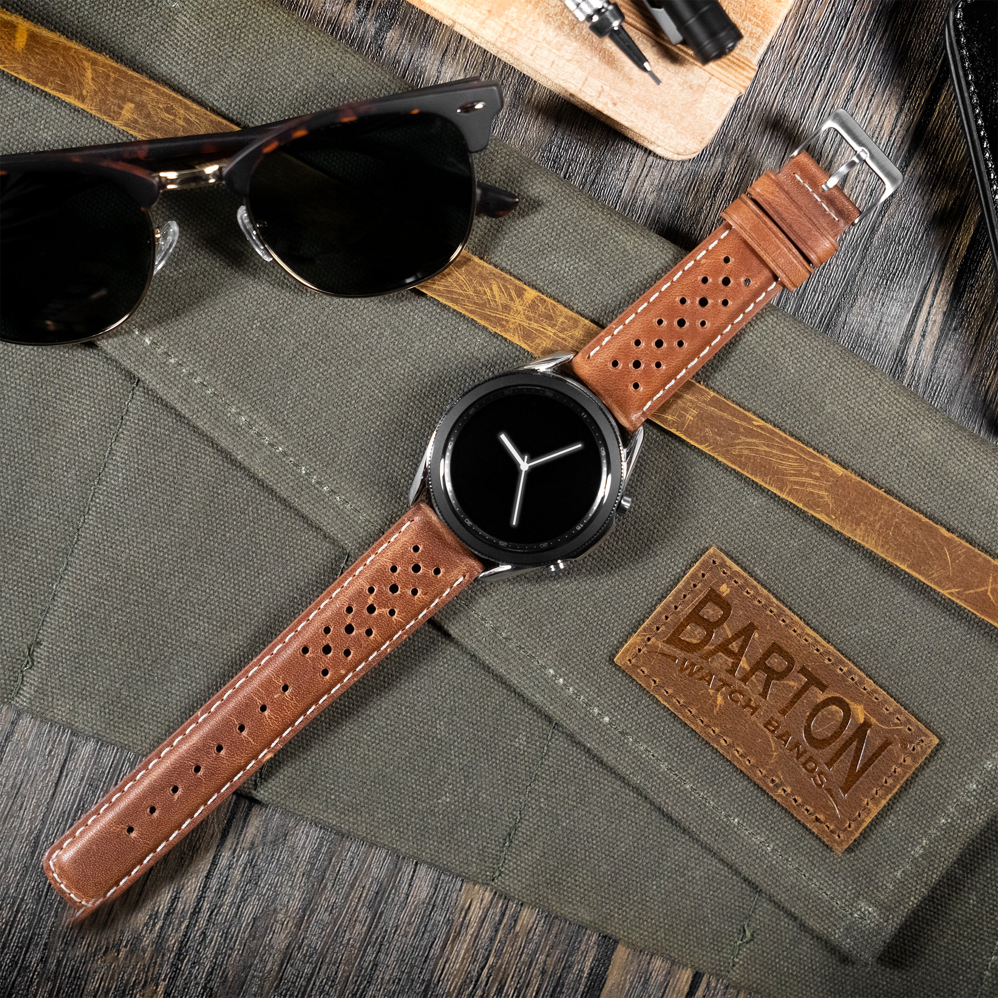 Samsung Galaxy Watch5 Racing Horween Leather Caramel Brown Linen Stitch Watch Band - Image 2